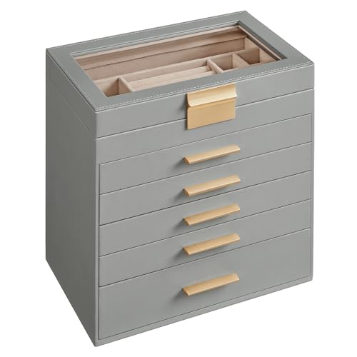 SONGMICS GISELLA Collection - Jewelry Box Organizer, 6-Layer Jewelry Storage with 5 Drawers, Shiny Metal Hardware, Glass Lid, Modern, 6.4 x 9.9 x 11.4 Inches, Dove Gray and Gold Color UJBC171G01 - color: Dove Gray + Gold, size: 6 Layer (6.4"D x 9.9"W)