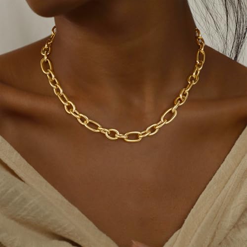 Gold Necklace for Women - Chunky 14K Gold Plated Chain Necklace Cuban Link Paperclip Chain Herringbone Statement Choker Necklace for Women Simple Trendy Jewelry Gifts - style: 10mm-paperclip chain-gd-2