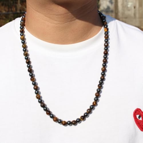 Natural Stone Beaded Necklace 8mm Tiger Eye Black Obsidian and Hematite Buddha bead lucky necklace 26 Inches, Black and Brown Men and women necklaces fift - color: Tiger eye stone with hematite