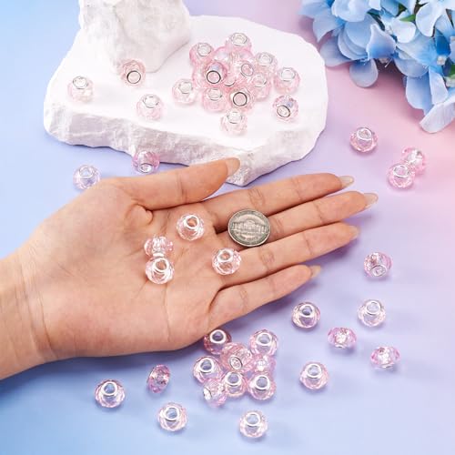 100pcs 14mm Large Hole Faceted Glass Crystal Pink European Crystal Spacer Beads for Valentine's Day Jewelry Making - color: Pink