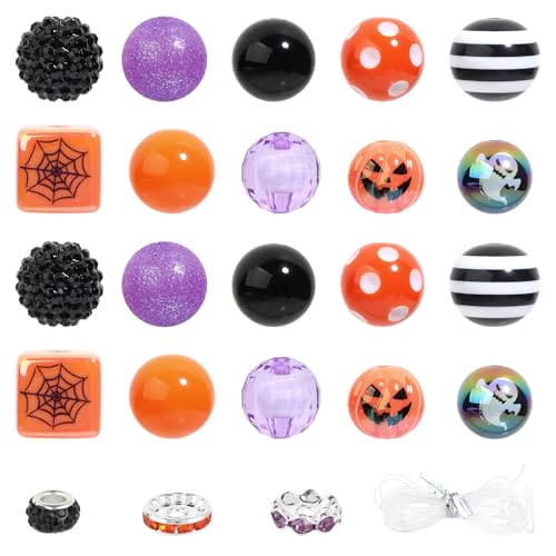 35 Pcs Chunky Bubblegum Beads 20mm Focal Pen Rhinestone Pearl with Rhinestone Large Hole European Spacer Beads for DIY Beadable Pens School Jewelry Making Keychain Craft Making(Hollowenn) - color: Happy Holloween