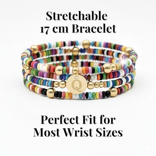 Set of 4 Colorful Bead Initial Bracelets, Personalized Stackable Jewelry, Adjustable Stretchy Charm Bracelets for Women, Beaded Bracelet Set, Trendy Custom Jewelry Gift - style: Colorful Bead - Q