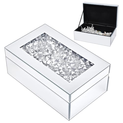 FINGERINSPIRE Glass Mirrored Jewelry Box Organizer 8.27x5.12x3.35inch Crushed Diamond Mirrored Jewelry Storage Case Rectangle Silver Diamond Organizer Box for Women Jewelry Ring Storage
