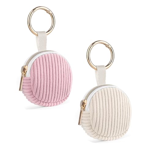 2 Pack Jewelry Ring Holder Keychain, Portable Jewelry Holder Storage Box with Buckle, Corduroy Small Travel Ring Keeper Case for Rings, Earrings, Stud, Necklaces (Beige, Pink) - color: 2 Pack-Beige+Pink