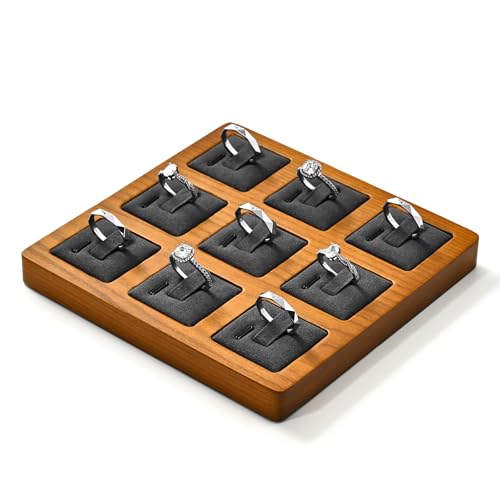 Oirlv Solid Wood Ring Display Stand - 9 Bit Ring Holder & Organizer Tray (Grey) - color: Grey