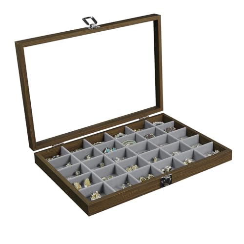 Stratalife Wood Jewelry Organizer 30 Grid Earring Tray Jewelry Holder Ring Box Earring Holder Organizer with Clear Lid Ring Storage for Women Vintage Style - color: Grey, size: 30