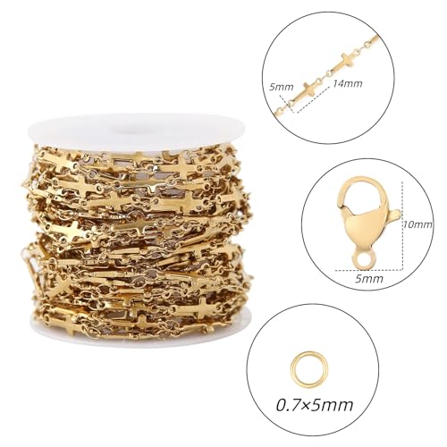 5 Meters Stainless Steel Cross Link Chains in Bulk for DIY Men Women Jewelry Making with Lobster Clasps, Jump Rings (Gold) - color: gold