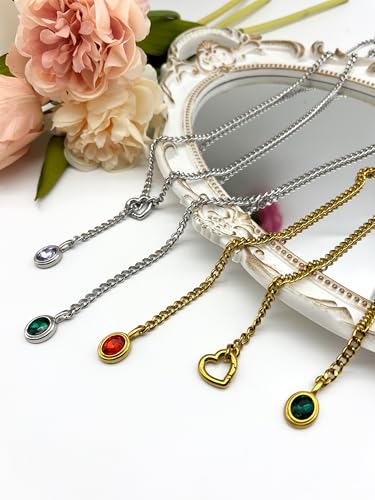 Heart Slip Chain Necklace for Women, 39 Inch Cuban Chain, Removable Heart O-Ring, Crystal Pendant, Adjustable Stainless Steel Y-Necklace - color: Silver-Green