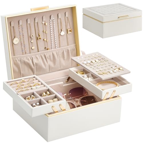 Lolalet Jewelry Box Organizer for Women Girls, 2 Layer Jewelry Organizers and Storage for Necklace Earrings Rings Bracelets, Large Jewellery Holder Case Birthday Mothers Day Gifts -Cream - color: Cream