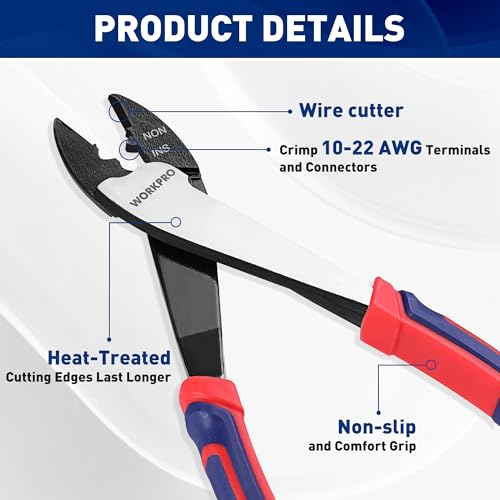 WORKPRO 9.5" Wire Cutter/Crimper, Wire Crimping/Cutting Tool for 10-22 AWG Terminals and Connectors, Designed for Insulated and Non-Insulated Connections