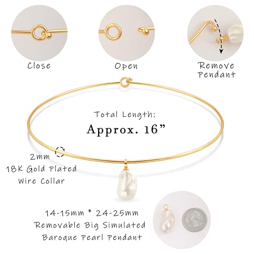 Aobei Pearl 18K Gold Plated Cuff Choker Necklace for Women Chunky Wire Chain Collar Jewelry - style: Round Wire Baroque Pearl