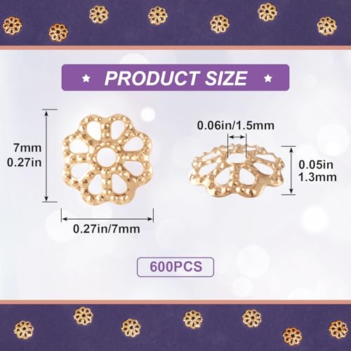 ANCIRS 600pcs 7mm Spacer Beads Caps for Jewelry Making, Metal Hollow Flower Bead Caps for Bracelet Necklace- Gold - color: Gold-600pcs-7mm