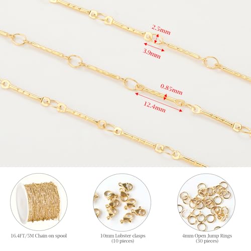 KYUNHOO 5 Meters Gold Plated Jewelry Making Chains on Spool Embossed Stick Chain Links Thin Craft Chain Stainless Steel Gold Chain for Handcraft DIY - color: Stick Gold