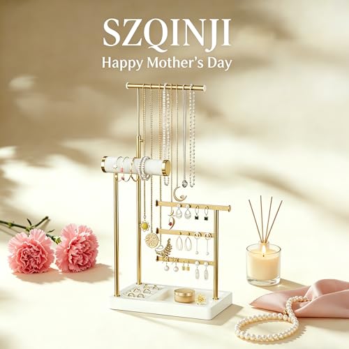 SZQINJI 5 Tier Jewelry Holder Organizer, Gold Jewelry Stand with Velvet Bracelet Holder, Adjustable Height Jewelry Display for Necklaces, Bracelets, Earrings, Rings, Gift Idea for Women, White - color: White