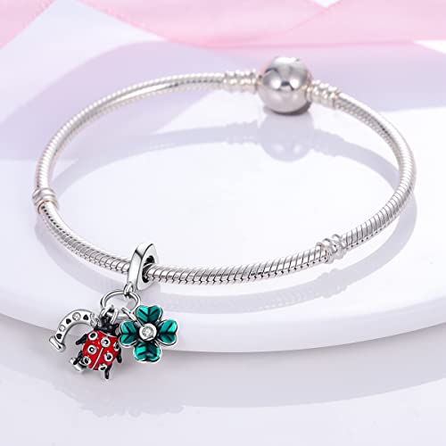 MULA 925 Sterling Silver Charms for Bracelets and Necklaces Lipstick and Bag Dangle Pendants Tower Camera Beads Jewelry Charms for Women - color: Green Four-leaf Clover and Ladybug Charm