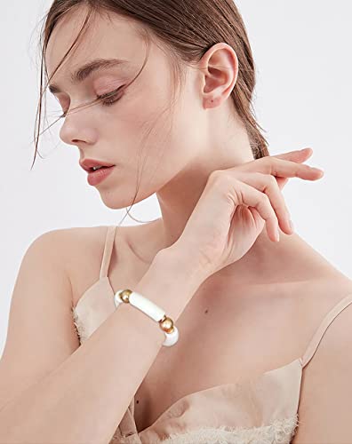 LALAPPLE Gold Plated Beaded Acrylic Bamboo Tube Bangle Bracelets for Women, Colorful Chunky Curved Tube With Gold Plated Pieces Beads Stretch Bracelet Friendship Summer Beach Jewelry - color: A-Ivory