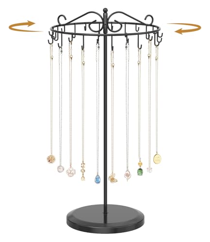 MODOWEY Necklace Holder Organizer Rotating Display, 24 Hooks Stand Adjustable Tree for Long Chain Storage, Tabletop Metal Hanger Rack for Men Women, No More Tangled Pendant Jewelry, Black - color: Glossy Black, size: 1 Tier