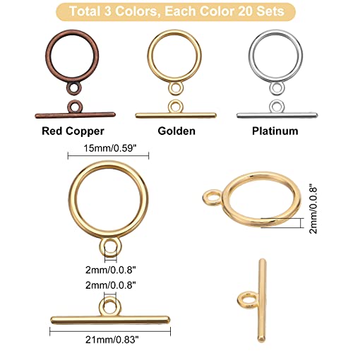 PH PandaHall 60 Sets Toggle Clasps, 3 Color Jewelry Closure Clasp IQ Toggle Clasps Round Fastener Hook Connectors TBar End Clasp for Necklace Bracelet Jewelry Making