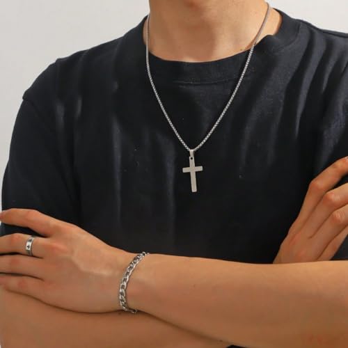 Cross Necklace for Men Silver Premium Alloy Solid Color Cross Pendant Necklace for Men Women Teens - color: Silver-Stainless Steel-28inch