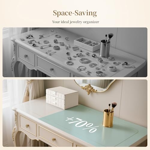 LAMU Jewelry Box Organizer with Mirror, 3-Layer Jewelry organizer with 2 Drawers, Large PU Leather Organizer for Earrings Rings Necklace Bracelet, Ideal Valentines Day Gifts for Girls Women, White