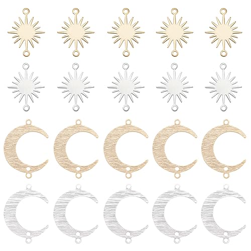 BENECREAT 32Pcs 4 Styles Raw Brass Charm Connectors, Golden Silver Color Moon & Sun Links with Double Hole for Bracelet, Necklace or DIY Jewelry Making Accessories - color: Star & Moon
