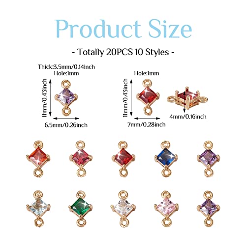 20pcs Cubic Zirconia Links Connectors 10 Color Rhombus Crystal Double Loop Charms Retro Golden Dainty Pendant for DIY Jewelry Bracelets Necklaces Keychain Making