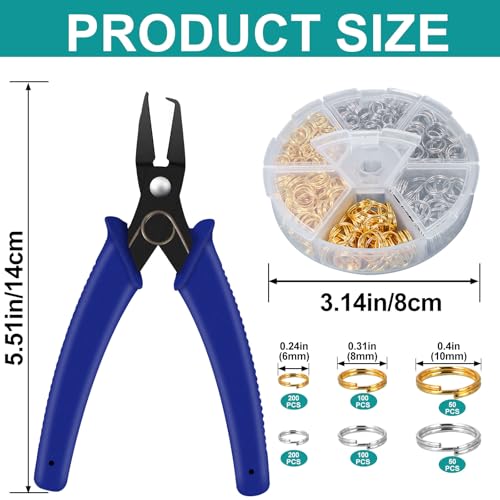 700Pcs Split Rings for Jewelry Making Silver and Gold Double Closed Jump Rings with Pliers for Necklaces and Bracelets 6mm 8mm 10mm