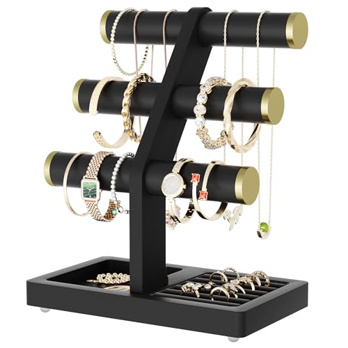 SRIWATANA 1 Bracelet Holder, Jewelry Display Stand Birthday Mother's Day Christmas Wood Solid Wood Classic Design Non-Slip Pad Metal End Cap Keeps Jewelry Secure T-Bar Organizer for Bracelets - Black - color: Black