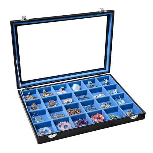 Stratalife Earring Organizer Jewelry Tray with See-through Lid Jewelry Holder Organizer Jewelry Organizer Box Jewelry Storage Crystal Holder Rock Collection Box 24 Grid (Blue Black) - color: Blue-Black, size: 24 Grid