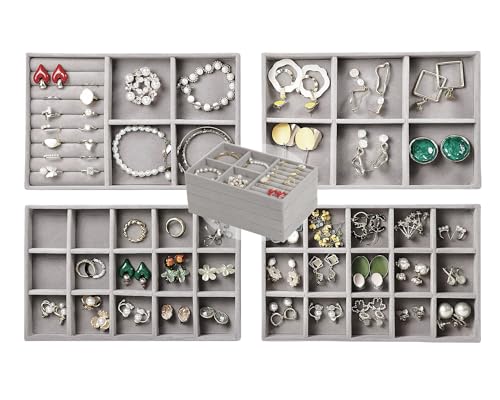 Set of 4 Stackable Jewelry Trays Organizer, Velvet Earring Organizer, Jewelry Organizer Showcase Display Drawer Organizer Storage, Earring Holder Necklace Bracelet Ring Accessary Organizers (Gray) - color: Gray