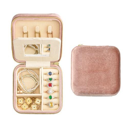 TAIMY Travel Jewelry Case,Small Plush Velvet Travel Jewelry organizer,Portable Mini Travel Jewelry Boxes for Rings Earrings Necklaces Bracelets(Blush Peach,with Mirror) - color: Blush Peach with Mirror