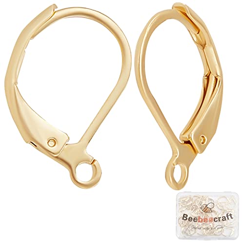Beebeecraft 50Pcs/Box Leverback Earring Findings 24K Gold Plated Stainless Steel French Earring Hooks 15.5x10x1.5mm Dangle Ear Wire Findings for Jewelry Making - color: 15.5x10mm Gold Earring Hooks