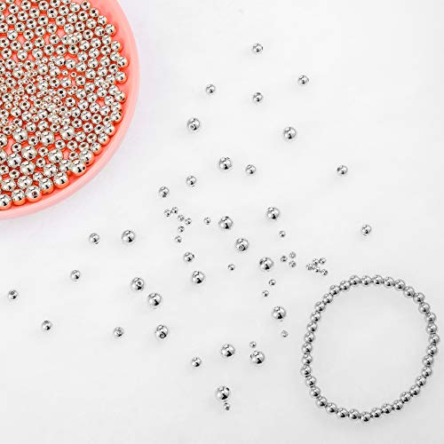 WILLBOND 1200 Pcs Round Spacer Beads for Jewelry Making 4/6/8 mm Smooth Ball Beaded Seamless Loose Ball Embellishments with Holes for Stackable Bracelet Craft(Silver) - color: Silver