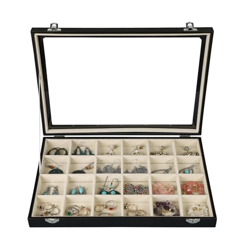 Stratalife Jewelry Tray 24 Grid Earring Organizer with Clear Lid Jewelry Holder Organizer Jewelry Organizer Box Jewelry Storage Crystal Holder For Stones Display (Beige Black) - color: Beige-Black, size: 24 Grid