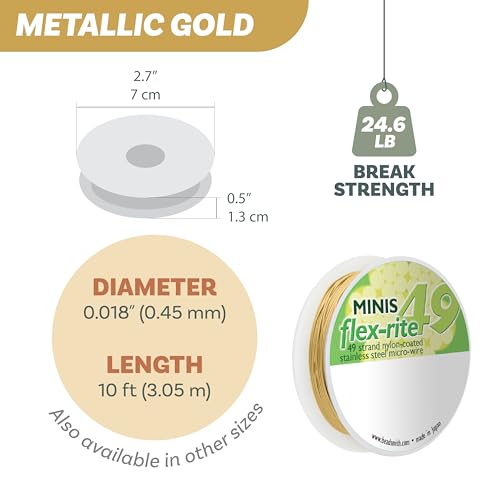 The Beadsmith Flex-Rite Beading Wire - 49-Strand Nylon-Coated Stainless-Steel Wire, 0.018" (0.45 mm) Dia, Metallic Gold, 10 ft Spool, Durable Necklace & Bracelet String, for Jewelry Making Supplies - color: Metallic Gold, size: .018” Dia - 10 Ft