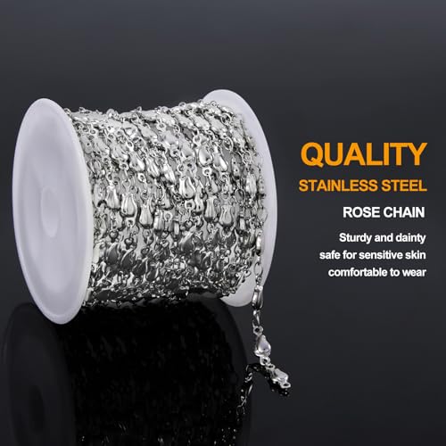 KYUNHOO 4 Meters Rose Flower Jewelry Chains for Making Necklace Bracelet Silver Craft Chain Bulk Stainless Steel Jewelry Chain Roll for Women Men DIY Handcrafts - color: Rose Silver