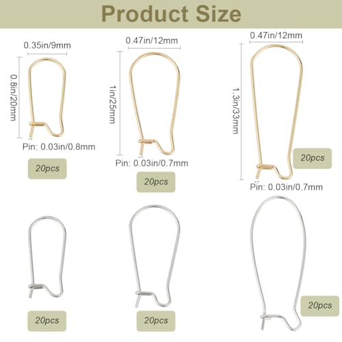 1 Box 120Pcs 6 Style Silver Kidney Earring Hooks Stainless Steel Earring Findings Bulk U Shaped Real 18K Gold Plated Ear Wires Long Teardrop Dangle Earring Wires for Jewelry Making Supplies - color: Gold, Stainless Steel Silver