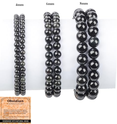 MASSIVE BEADS Handmade Yoga Stretch Elastic Bracelet Natural Stone Crystal Healing Power Energy Gifts for Unisex Adult 4mm 6mm 8mm 10mm - color: Black Obsidian(Pleasure), size: 4mm