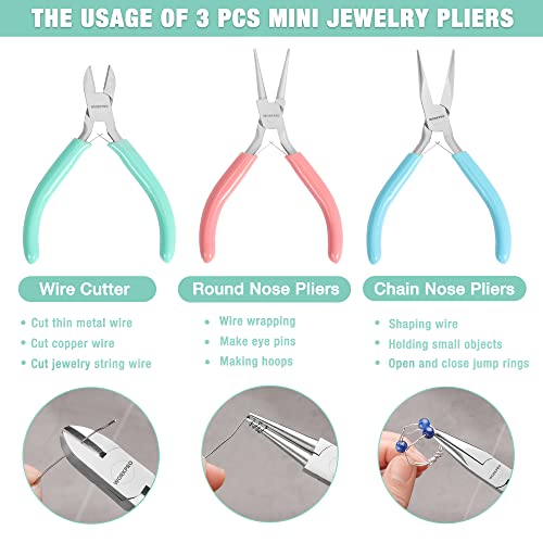 WORKPRO Jewelry Pliers Set, 3 Pack Jewelry Making Tool Kit Includes Mini Needle Nose Plier/Chain Nose Plier, Round Nose Plier and Wire Cutter for Jewelry Repair, DIY Crafts, Jewelry Making Supplies - color: Light Blue, Light Green, Pink