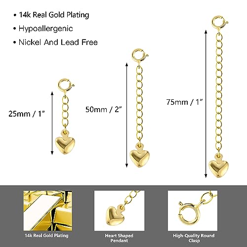 Gold Necklace Extenders,14K Gold Chain Extenders with Round Clasp, Durable Plated Solid Brass Necklace Bracelet Anklet Extension Chains(1 2 3 Inch,Gold) - color: B-Gold, size: 1,2,3inch