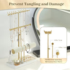 Tirzah 3-Tier Adjustable Jewelry Holder Organizer Stand with 20 Necklace Hooks, 18 Earring Holes and Notches, Bracelet Holder, 6 Ring Rolls, Jewelry Tray for Girls, Women - color: Gold & White, for Necklace Earring Bracelet
