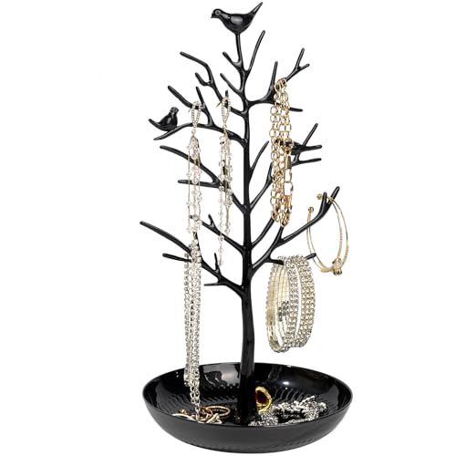 ChezMax Jewelry Display Necklace Earring Organizer Holder Metal Birds Tree Stand with Tray Antique Bracelet Rings Rack Tower Decoration for Women Girl Black 11.8 Inch - color: B-Metal Black