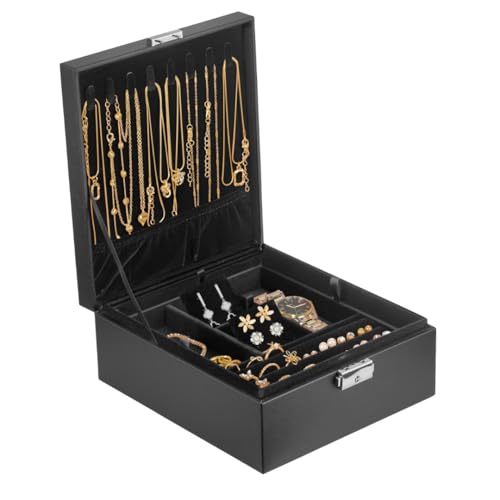 Prestige & Fancy 2 Layer Jewelry Box Organizer for Men, Women & Girls 8.5 x 7.5 x 3.3 in | PU Leather Black Jewelry Storage Organizer | jewelry storage box for Rings, Necklace & Bracelets - color: Black