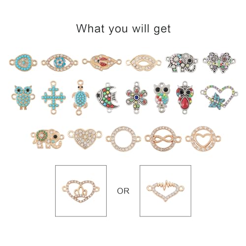 Cheriswelry Rhinestone Enamel Connectors Charm Links Evil Eye Alloy Metal Pendants Antique Silver Flat Round Hamsa Hand Owl Feather Heart Charm Pendant for Bracelet Necklace Jewelry Making - color: Antique Silver Gold-Mixed Shapes