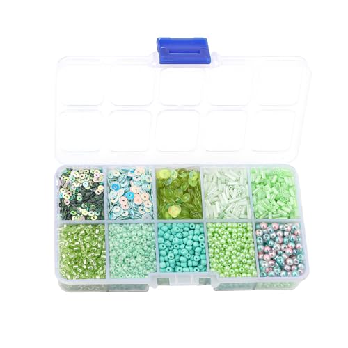 10 Color Small Assorted Glass Seed Beads, Loose Sequins, Multiple Sizes Mini Waist Bead Tiny Tube Beads for Jewelry Making (Green) - color: Green