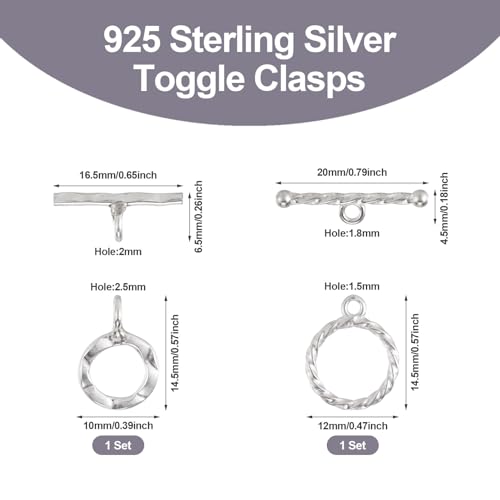 2 Sets 925 Sterling Silver Toggle Clasps Round OT Toggle Jewelry Clasps T-Bar Closure Clasp Fastener IQ End Connectors for DIY Necklace Bracelet Jewelry Making - color: 925 Sterling Silver-T Bar