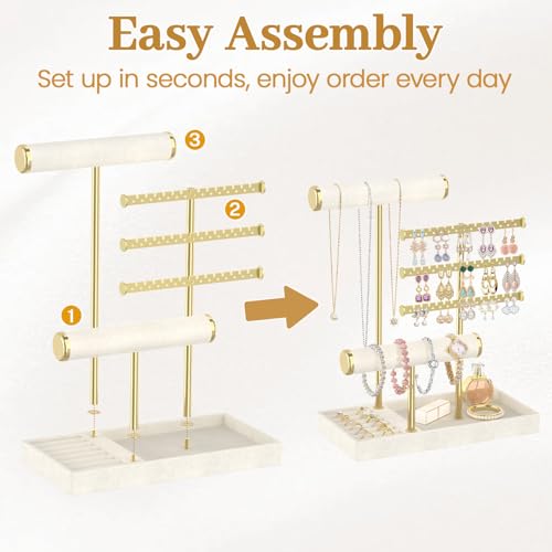 MODOWEY Necklace Holder Earring Stand Organizer, Wooden Velvet Bracelet Tree Rack with Ring Tray for Vendor Women Display Selling, Countertop T Bar Jewelry Tower Keep Everything Visible & Within Reach - color: Beige