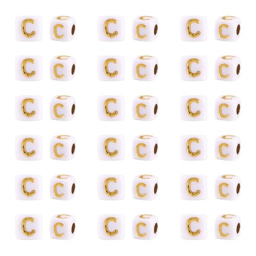 FASHEWELRY 500Pcs White Golden Letter Beads 4.5mm Square Alphabet Beads Acrylic Cube Letter C Beads for Friendship Bracelet Necklace Keychains Jewelry Making - color: Letter C