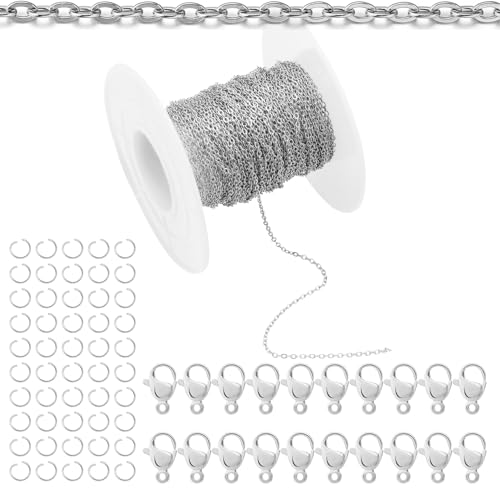 Topacket 33Feet Stainless Steel Necklace Chains Cable Link Chains for Jewelry Making DIY Craft Kit with Lobster Clasps Jump Rings - color: Stainless Steel, size: 1.0mm