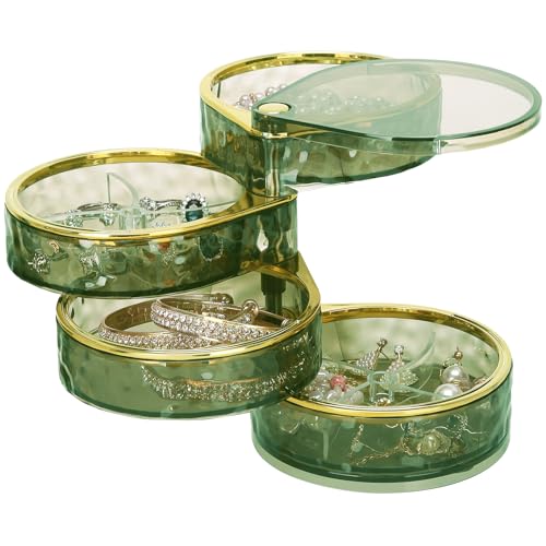 LETURE 4-Layers Rotatable Jewelry Organizer Storage Box, Clear Jewelry Holder Case for Ring Earring Necklaces Bracelets Makeup Hair Accessories - color: Clear & Green